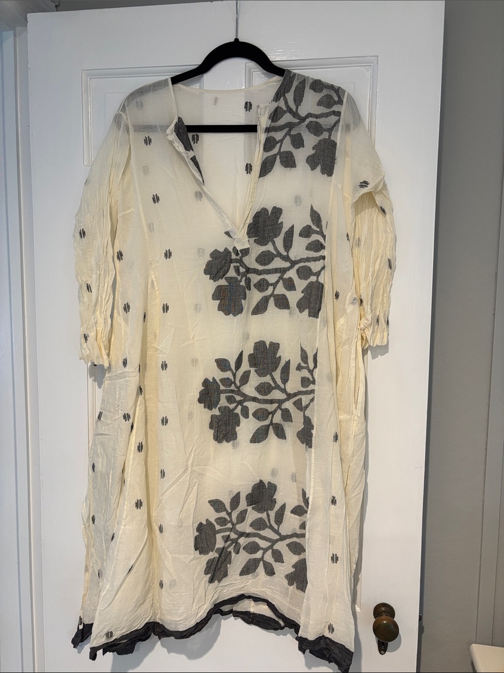 Cream Midi Tunic Dress with Black Floral Print